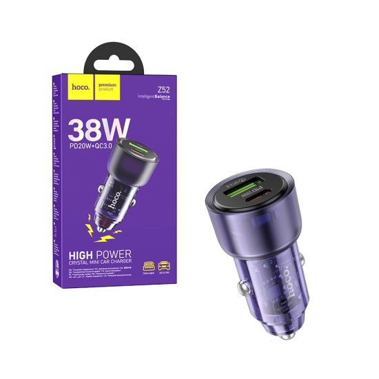 Carregador de Carro Hoco Z52 Spacious 2 Porta USB+Tipo-C 38W Roxo Transparente